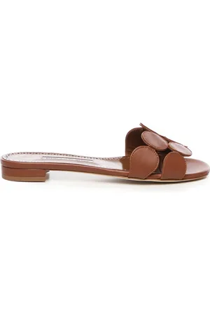 Manolo Blahnik Schoenen, Dames, Bruin, 39 EU, Leer, Bruine geometrische sandaal met platte zool