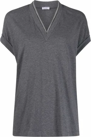 Brunello Cucinelli Tops, Dames, Grijs, M, Katoen, V-hals trui
