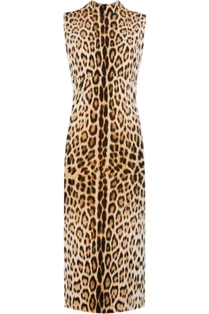 Roberto Cavalli Kleedjes, Dames, Bruin, L, Katoen, Leopardprint Mouwloze Jurk Italië