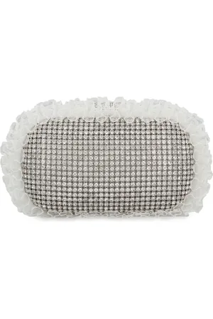 Self-Portrait Tassen, Dames, Grijs, ONE Size, Polyester, Strass Clutch met Ruches en Ketting