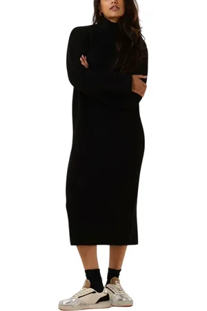 SELECTED Kleedjes, Dames, Zwart, XS, Zwarte Gebreide Midi Jurk met Hoge Hals