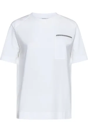 Brunello Cucinelli Tops, Dames, Wit, L, Katoen, Katoenen T-shirt met Monile Versiering