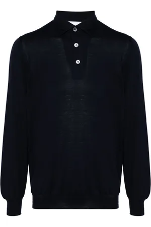 LARDINI Tops, Heren, Blauw, M, Wol, Wollen poloshirt met 3 knopen