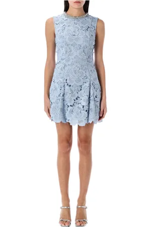 Self-Portrait Kleedjes, Dames, Blauw, XS, Leer, Lichtblauwe Mini Jurk met Bloemkanten
