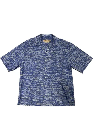 Marni Overhemden, Heren, Blauw, L, Katoen, Shirt met geprint logo - Cubaanse kraag