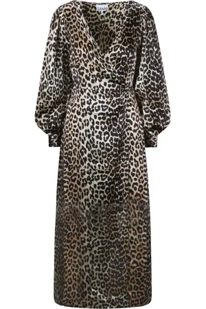 Ganni Kleedjes, Dames, Zwart, S, Jurk met luipaardprint en overslag