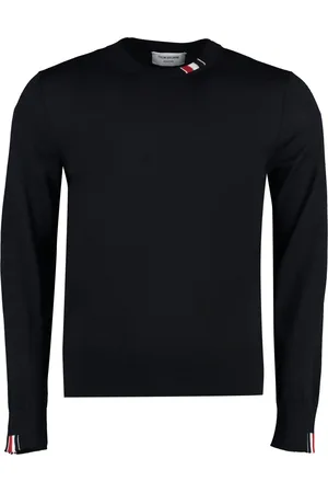 Thom Browne Truien, Heren, Blauw, M, Wol, Wollen trui met ronde hals en driekleurig detail