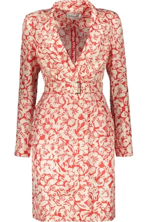 Lanvin Kleedjes, Dames, Rood, M, Rayon, Floral Zijden Mini Jurk met Strikceintuur