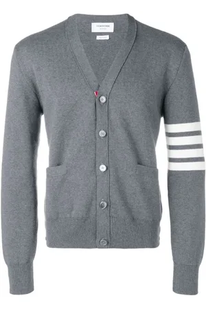 Thom Browne Truien, Heren, Grijs, M, Katoen, Medium Grey Katoenen Cardigan met 4 Bar Stitch