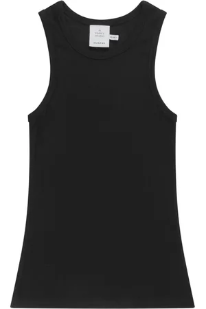 Munthe Tops, Dames, Zwart, S, Geribbelde Zwarte Top met Ronde Hals