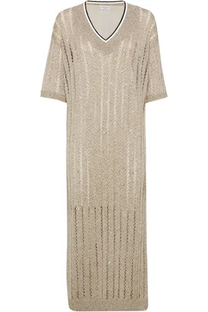 Brunello Cucinelli Kleedjes, Dames, , L, Pailletten, Sequin V-Neck Jurk