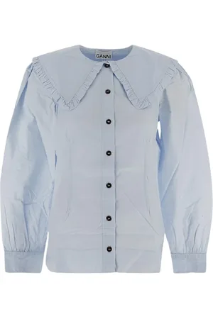 Ganni Blouses & Shirts, Dames, Blauw, L, Katoen, Katoenen Puriteinse Kraag Shirt
