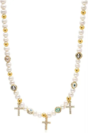 Nialaya Accessoires, Heren, Geel, S, Kruis Parel Choker met Boze Ogen