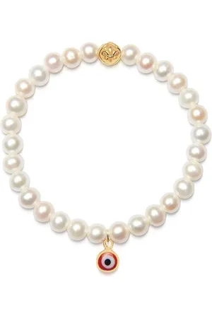 Nialaya Accessoires, Dames, Geel, L, Armband met Witte Parelmoer en Rode Evil Eye Bedel