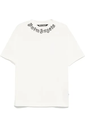 Palm Angels Tops, Heren, Wit, L, Katoen, Logo Print T-shirt met Ronde Hals