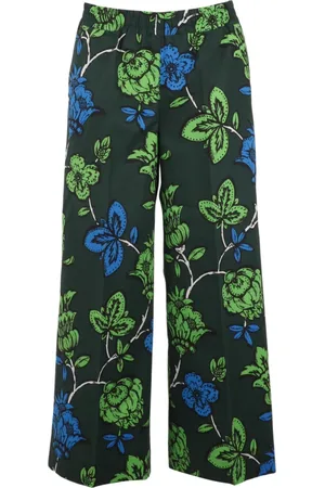 P.A.R.O.S.H. Broeken, Dames, Groen, M, Katoen, Tropical Flower Print Katoenen Poplin Broek