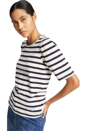 Munthe Tops, Dames, Blauw, 2Xl, Katoen, Gestreept T-shirt met pofmouwen