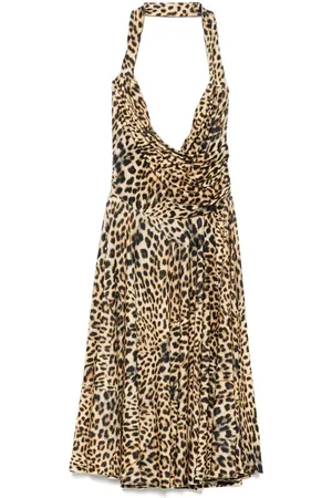 Norma Kamali Kleedjes, Dames, Bruin, XS, Polyester, Halterneck Jurk met Uitlopende Rok