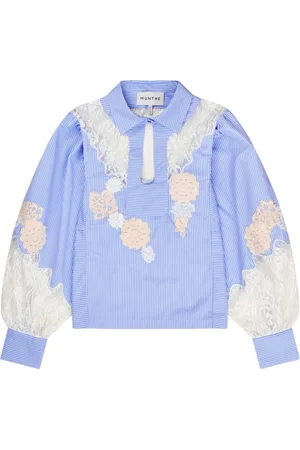 Munthe Blouses & Shirts, Dames, Blauw, M, Katoen, Blauwe kanten top met ballonmouwen