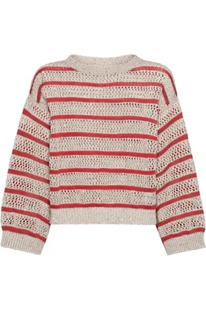 Brunello Cucinelli Truien, Dames, , M, Taupe Gestreepte Crew Neck Sweater