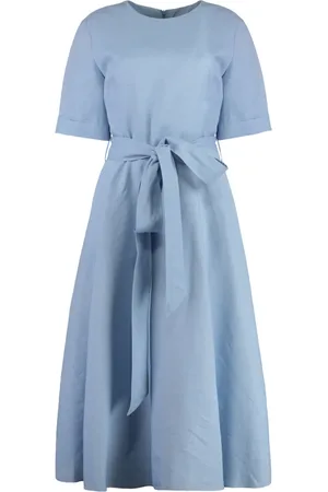 P.A.R.O.S.H. Kleedjes, Dames, Blauw, L, Linnen, Viscose-linnen jurk met riem en zakken