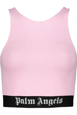 Palm Angels Tops, Dames, Roze, S, Polyester, Crop-top met logo en elastische tailleband