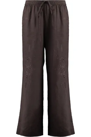 P.A.R.O.S.H. Broeken, Dames, Bruin, M, Linnen, Gebloemde geborduurde linnen broek