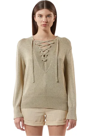 Silvian Heach Truien, Dames, Geel, XL, Lurex gebreide V-hals trui