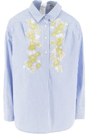 ERMANNO SCERVINO Blouses & Shirts, Dames, Blauw, XS, Katoen, Gebloemde Gestreepte Blouse