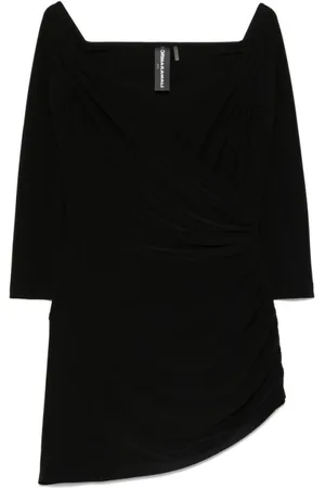 Norma Kamali Kleedjes, Dames, Zwart, XS, Leer, Gedrapeerde Off-Shoulder Jurk