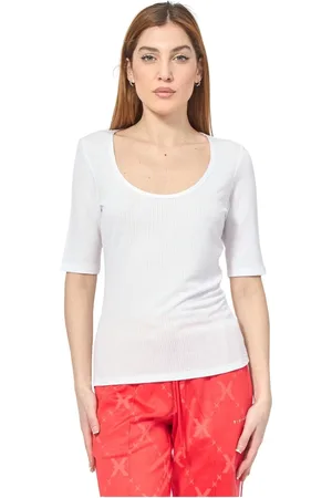 HUGO BOSS Tops, Dames, Wit, M, Geribbelde Ronde Hals Driekwart Mouw T-shirt