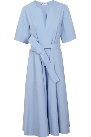 P.A.R.O.S.H. Kleedjes, Dames, Blauw, S, Katoen, V-hals Midi-jurk met Strikceintuur
