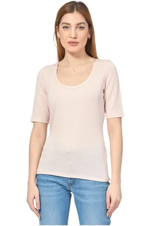 HUGO BOSS Tops, Dames, Roze, M, Geribbelde Roze T-shirt met 3/4 Mouwen