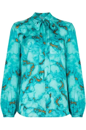 Roberto Cavalli Blouses & Shirts, Dames, Blauw, L, Zijden blouse met marmerprint en strikceintuur