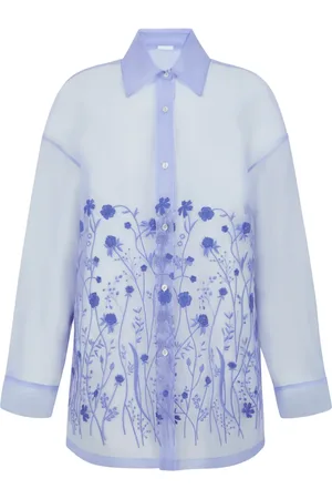 P.A.R.O.S.H. Blouses & Shirts, Dames, Blauw, S, Organza, Silk Organza Bloemen Geborduurde Blouse
