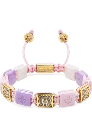 Nialaya Accessoires, Dames, Geel, XS, Nylon, Wit, lavendel & zachtroze keramische platte kralenarmband met gouden CZ