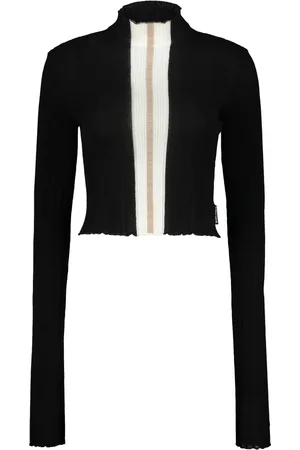Palm Angels Tops, Dames, Zwart, L, Wol, Geribbelde Gebreide Crop Top met Opstaande Kraag