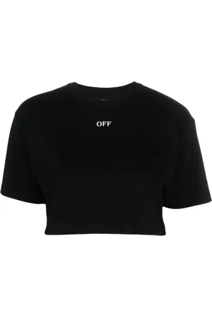 OFF-WHITE Tops, Dames, Zwart, S, Katoen, White Stamp Cropped T-Shirt