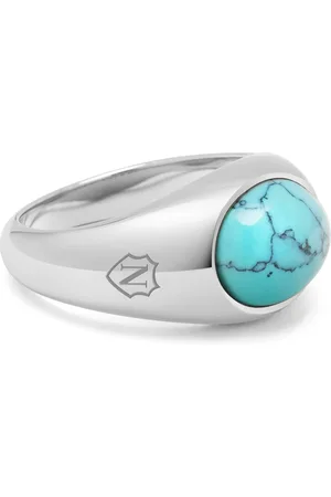 Nialaya Accessoires, Heren, Grijs, 58 MM, Zilveren ovale zegelring met turquoise steen