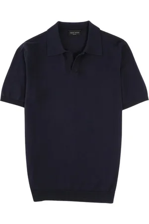 Roberto Collina Tops, Heren, Blauw, L, Katoen, Navy Gebreide V-Hals Polo Shirt