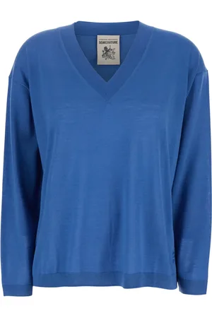 SEMICOUTURE Truien, Dames, Blauw, M, Wol, Blauwe V-hals Logo Sweater in Virgin Wool