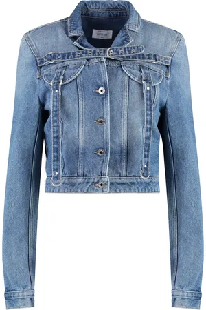 OFF-WHITE Jassen, Dames, Blauw, XS, Denim, Cropped denim jack met schoudervullingen