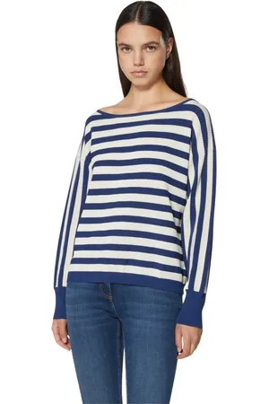 Silvian Heach Truien, Dames, Blauw, M, Nylon, Gestreepte Top met Boothals