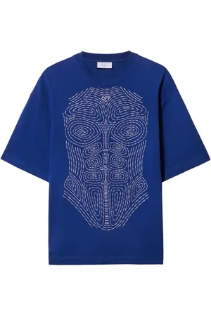 OFF-WHITE Tops, Heren, Blauw, M, Katoen, T-shirt met Geborduurde Scan van de Voorkant