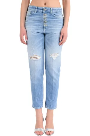 Dondup Jeans, Dames, Blauw, W28, Katoen, Laagbouw jeans met juweelknoopsluiting