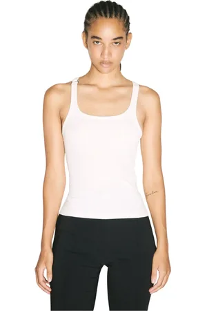 MUGLER Tops, Dames, Wit, M, Katoen, Geribbelde tanktop met zilverkleurige hardware