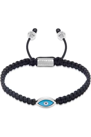 Nialaya Accessoires, Heren, Grijs, XL, Zwarte String Armband met Zilveren Boze Oog