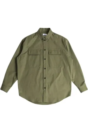 OFF-WHITE Jassen, Heren, Groen, S, Katoen, Militair Groen Overshirt met Klepzakken