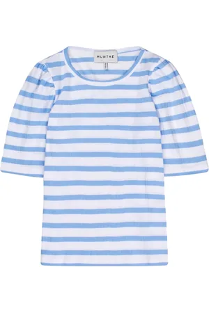 Munthe Tops, Dames, Blauw, 2Xl, Katoen, Gestreept T-shirt met Pofmouwen
