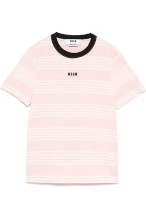 Msgm Tops, Dames, Roze, XS, Katoen, Katoenen T-shirt met tweekleurige strepen en quotes